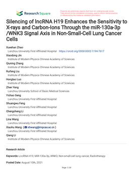 Silencing of Lncrna H19 Enhances the Sensitivity to X-Rays and Carbon-Ions Through the Mir-130A-3P /WNK3 Signal Axis in Non-Small-Cell Lung Cancer Cells