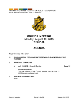 COUNCIL MEETING Monday, August 10, 2015 2:00 PM AGENDA