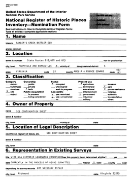 National Register Off Historic Places Inventory Nomination Form 1. Name___2. Location___3. Classifica