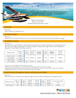 Kenmore/BC Inside Passage 2020 Summer Seaplane Schedule