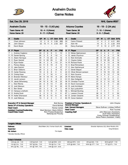 Anaheim Ducks Game Notes