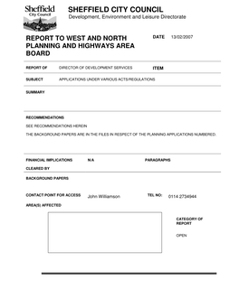 SHEFFIELD CITY COUNCIL Development, Environment and Leisure Directorate