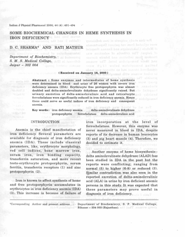 Some Biochemical Changes in Heme Synthesis in Iron Deficiency