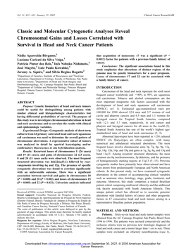 Classic and Molecular Cytogenetic Analyses Reveal Chromosomal Gains and Losses Correlated with Survival in Head and Neck Cancer Patients