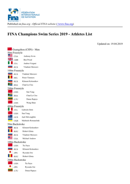 FINA Champions Swim Series 2019 - Athletes List