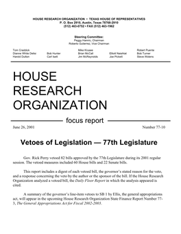 Vetoes of Legislation — 77Th Legislature