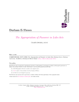 CHRISTOPHER, DANY (2016) the Appropriation of Passover in Luke-Acts, Durham Theses, Durham University