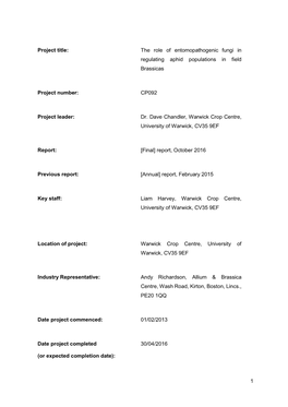 1 Project Title: the Role of Entomopathogenic Fungi In