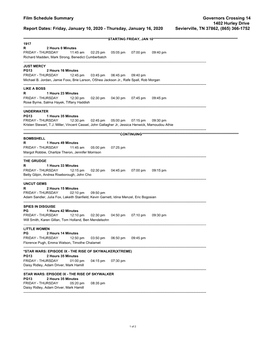 Film Schedule Summary Governors Crossing 14 1402