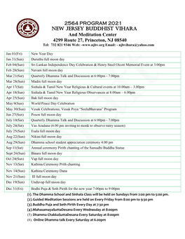 2564 PROGRAM 2021 New Jersey Buddhist Vihara and Meditation Center