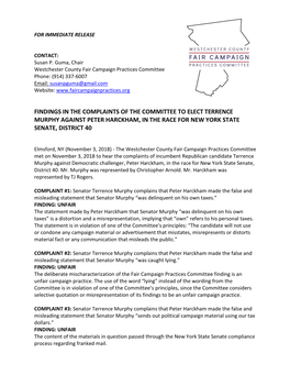 Findings in the Complaints of the Committee to Elect Terrence Murphy Against Peter Harckham, in the Race for New York State Senate, District 40