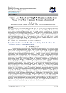 Timber Line Delineations Using NDVI Techniques in the Gori Ganga Watershed of Kumaun Himalaya, Uttarakhand