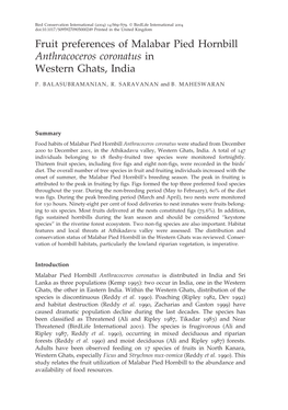 Fruit Preferences of Malabar Pied Hornbill Anthracoceros Coronatus in Western Ghats, India