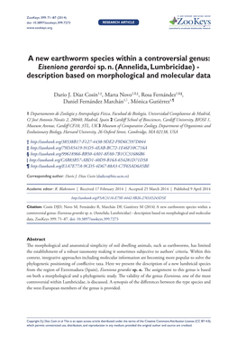 Annelida, Lumbricidae) - Description Based on Morphological and Molecular Data