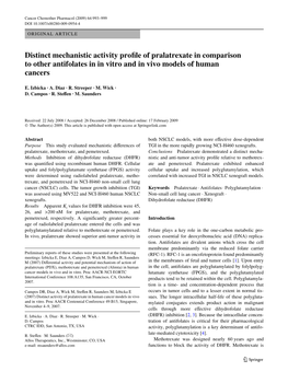 Distinct Mechanistic Activity Prowle of Pralatrexate in Comparison to Other Antifolates in in Vitro and in Vivo Models of Human Cancers