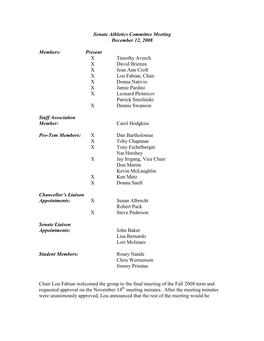 Senate Athletics Committee Meeting December 12, 2008