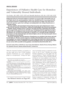 Experiences of Palliative Health Care for Homeless and Vulnerably Housed Individuals