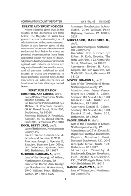 NORTHAMPTON COUNTY REPORTER Vol. 61 No. 42 10/15/2020 4 ESTATE and TRUST NOTICES FIRST PUBLICATION COMPTON, ANN LOUISE, Dec'd