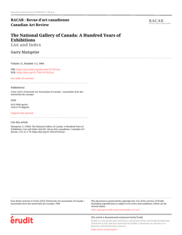 The National Gallery of Canada: a Hundred Years of Exhibitions: List and Index