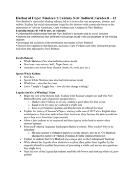 Harbor of Hope: Nineteenth Century New Bedford | Grades 8 – 12 New Bedford’S Successful Whaling Industry Led to a Society That Was Prosperous, Diverse, and Mobile