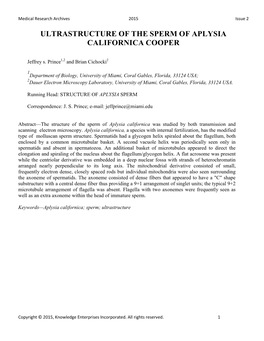 Ultrastructure of the Sperm of Aplysia Californica Cooper