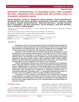 Molecular Characteristics of Circulating Tumor Cells Resemble the Liver Metastasis More Closely Than the Primary Tumor in Metastatic Colorectal Cancer