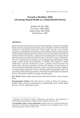 Advancing Mental Health As a Global Health Priority