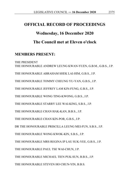 OFFICIAL RECORD of PROCEEDINGS Wednesday, 16 December 2020 the Council Met at Eleven O'clock
