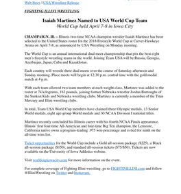 Illinois Wrestling Isaiah Martinez Named to USA World Cup Team