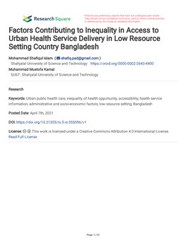Factors Contributing to Inequality in Access to Urban Health Service Delivery in Low Resource Setting Country Bangladesh