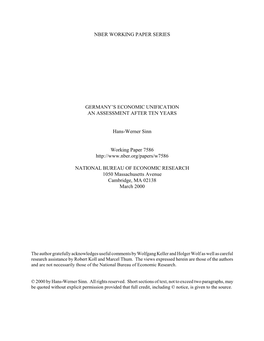 Nber Working Paper Series Germany's Economic