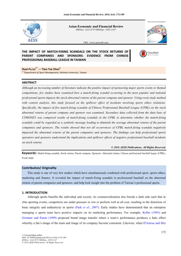 The Impact of Match-Fixing Scandals on the Stock Returns of Parent Companies and Sponsors: Evidence from Chinese Professional Baseball League in Taiwan