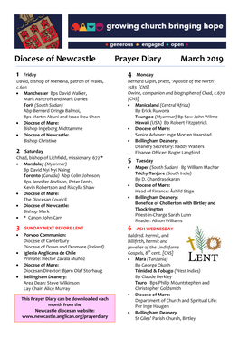 Diocese of Newcastle Prayer Diary March 2019