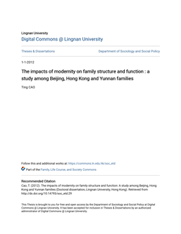 The Impacts of Modernity on Family Structure and Function : a Study Among Beijing, Hong Kong and Yunnan Families