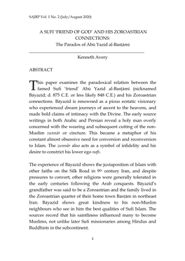 A SUFI ‘FRIEND of GOD’ and HIS ZOROASTRIAN CONNECTIONS: the Paradox of Abū Yazīd Al-Basṭāmī ______Kenneth Avery