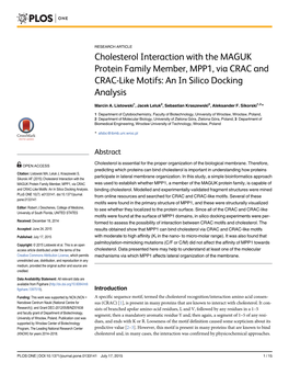 Cholesterol Interaction with the MAGUK Protein Family Member, MPP1, Via CRAC and CRAC-Like Motifs: an in Silico Docking Analysis