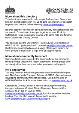 About This Directory More About Community Transport