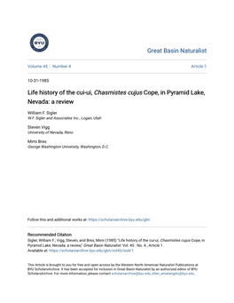 Life History of the Cui-Ui, Chasmistes Cujus Cope, in Pyramid Lake, Nevada: a Review