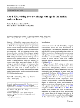 A-To-I RNA Editing Does Not Change with Age in the Healthy Male Rat Brain