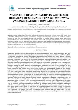 Variation of Amino Acids in White and Red Meat of Skipjack Tuna (Katsuwonus Pelamis) Caught from Arabian Sea