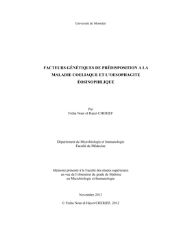 Facteurs Génétiques De Prédisposition a La Maladie Coeliaque Et L’Oesophagite Éosinophilique