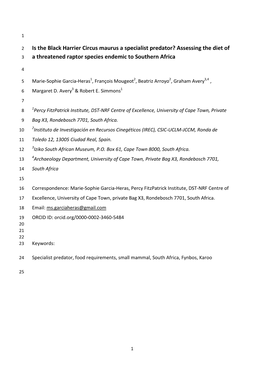 Is the Black Harrier Circus Maurus a Specialist Predator? Assessing the Diet of 3 a Threatened Raptor Species Endemic to Southern Africa