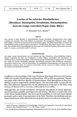 Leeches of the Suborder Hirudiniformes (Hirudinea: Haemopidae, Hirudinidae, Haemadipsidae) from the Ganga Watershed (Nepal, India: Bihar)