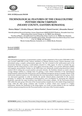 Technological Features of the Chalcolithic Pottery from Târpești (Neamț County, Eastern Romania)