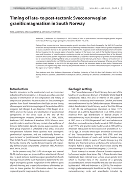 To Post-Tectonic Sveconorwegian Granitic Magmatism in South Norway