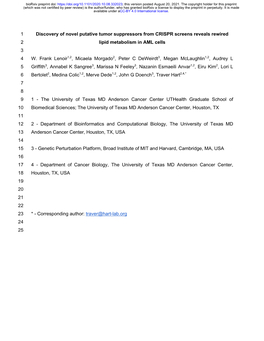 Discovery of Novel Putative Tumor Suppressors from CRISPR Screens Reveals Rewired 2 Lipid Metabolism in AML Cells 3 4 W