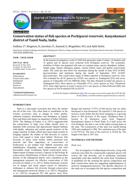 Conservation Status of Fish Species at Pechiparai Reservoir, Kanyakumari District of Tamil Nadu, India