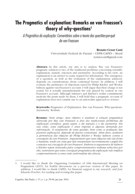 The Pragmatics of Explanation: Remarks on Van Fraassen's Theory of Why-Questions1