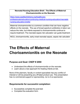 The Effects of Maternal Chorioamnionitis on the Neonate