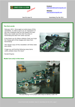 Lotus Drivers Guide Newsletter, Issue 41, Nuremberg Toy Fair 2011, Page 1